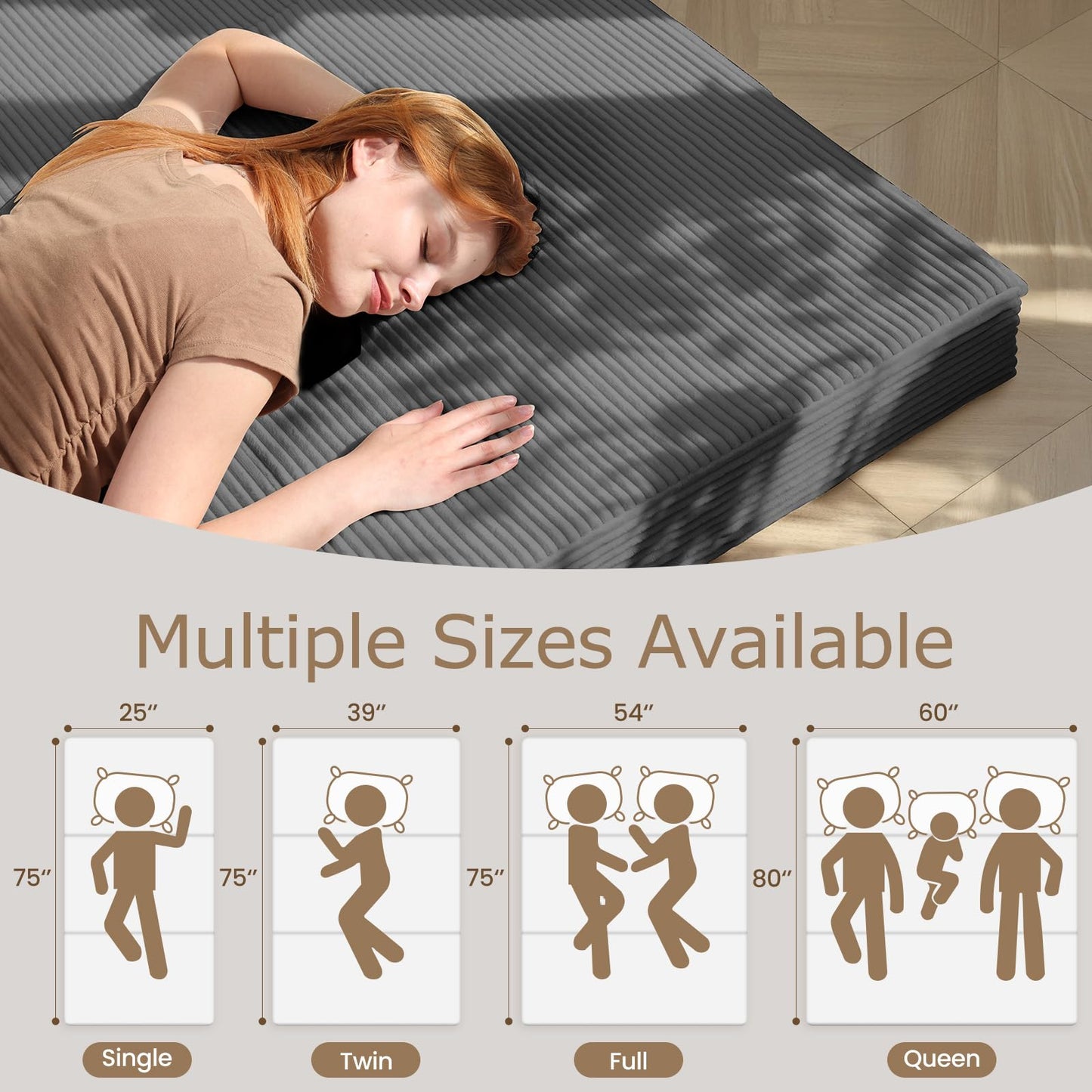 feliz home 6-Inch Tri-Folding Mattress Queen Size - Foldable Futon Sofa Bed with Removable Washable Cover, Folding Futon Mattress | Non-Slip Bottom & Carry Handles for Guest, Camping, Dorm