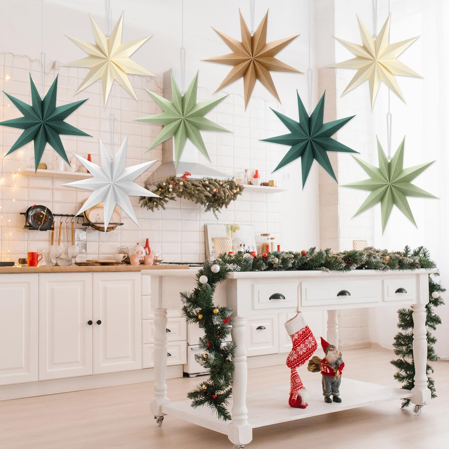 8 Pack Sage Green 9-Pointed Paper Star Lantern Christmas Hanging Paper Lampshade Christmas 12 inch Star Pendant for Xmas New Year Wedding Holiday Birthday Birthday Party Home Decoration