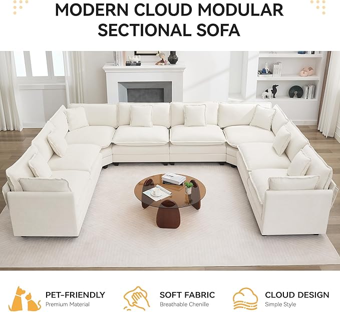147'' Oversized U Shaped Cloud Sectional Sofa, Chenille Deep Seat Couches