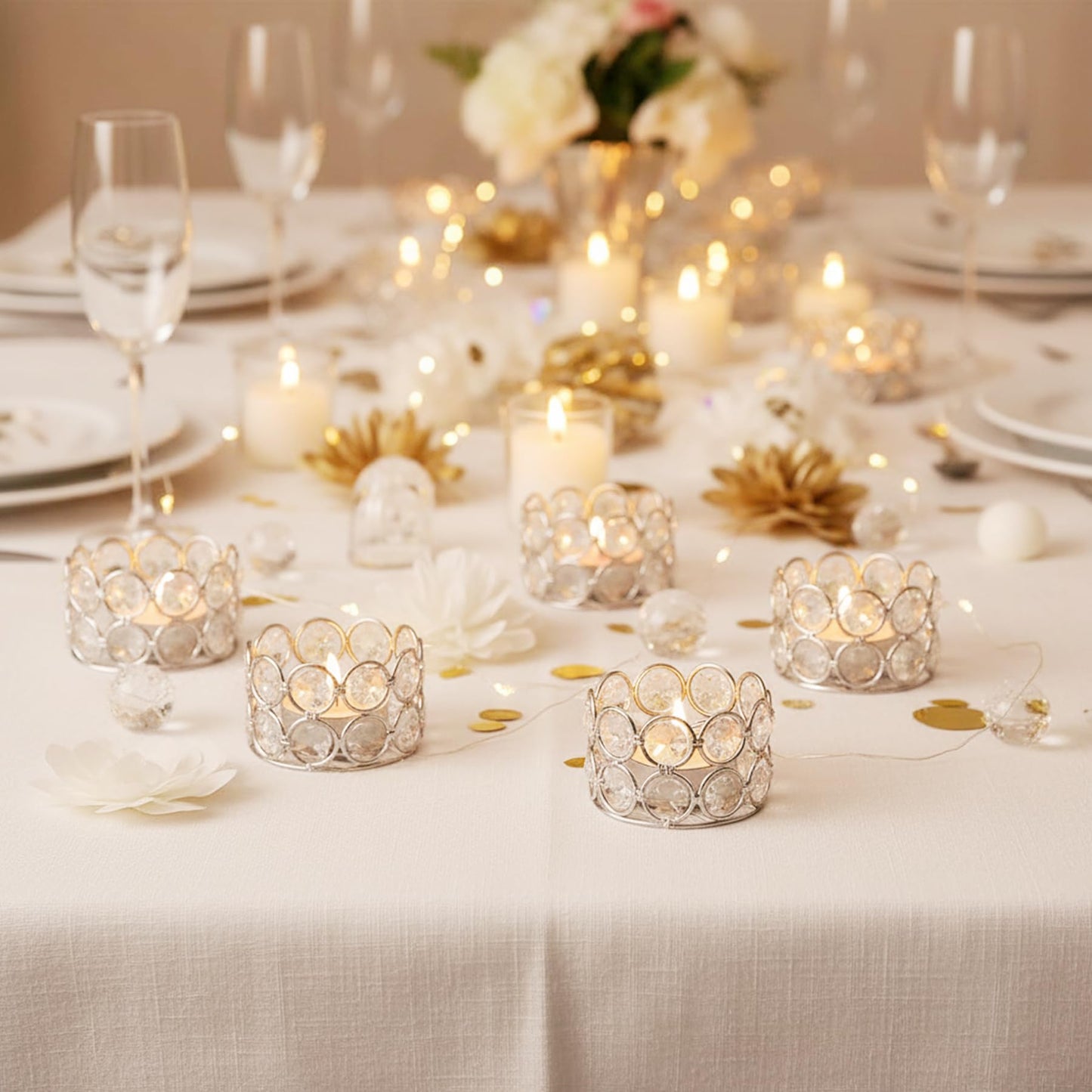 Pack of 20 Silver Crystal Tealight Candleholders - Candlestick Bowls Tea Lamp Candle Holders, Votive Candlestick Holders for Table Centerpieces, Diwali Decorations for Wedding Holiday Party Home Decor