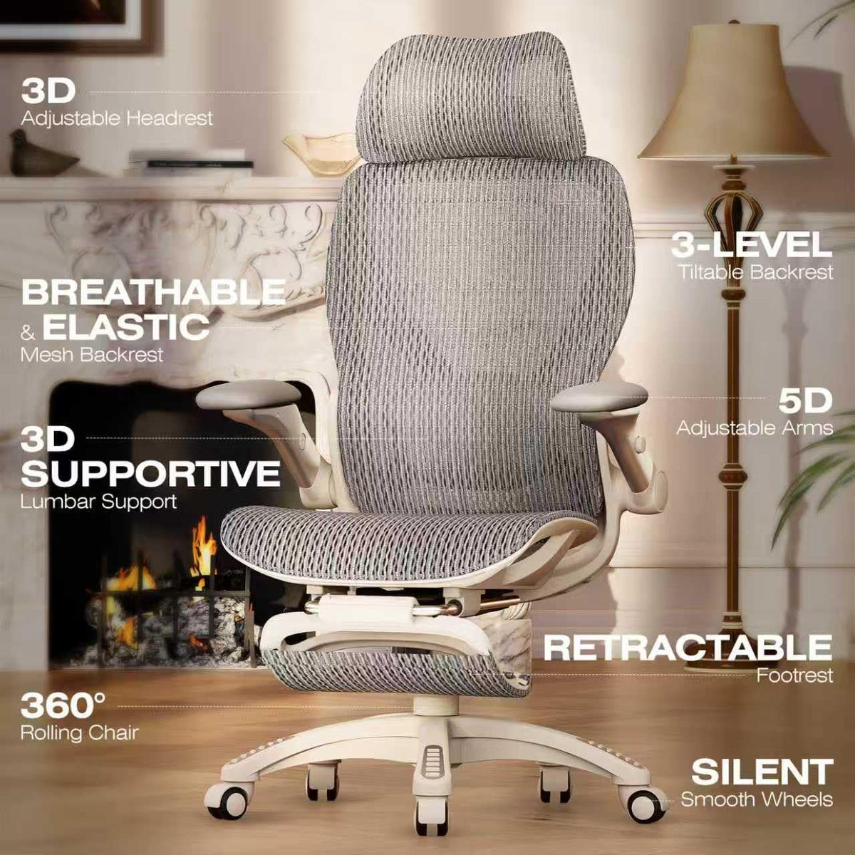 ELABEST X100 Ergonomic Mesh Office Chair with Footrest, Big and Tall Home Desk Chair with 5D Flip-Up Arms, Adjustable 3D Lumbar Support, Gaming & Executive Computer Chair, First Light