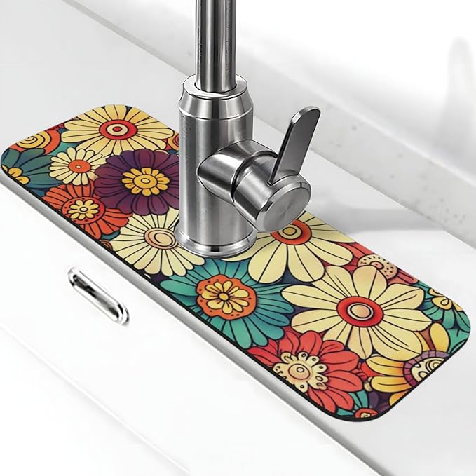 Kitchen Faucet Mat 15 x 5.5 Inch Abstract retro flower Faucet Draining Mat