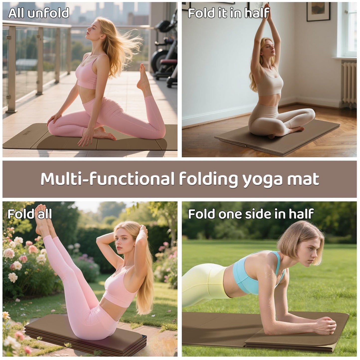 ONLYHE Foldable Yoga Mat Exercise Mat for Home Workout, Comfortable and Durable, 8mm Thick Portable Folding Mat, Non-Slip, Pilates Mat Thick, Outdoor Use, Meditation, Travel, Camping (71"x24" x 0.3") (Brown+Black)