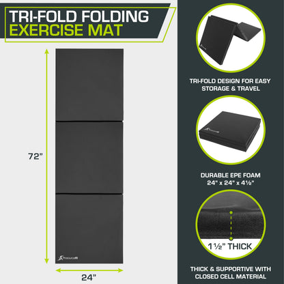 ProsourceFit Tri-Fold Folding Thick Exercise Mat 6’x2’ with Carrying Handles for MMA, Gymnastics Core Workouts