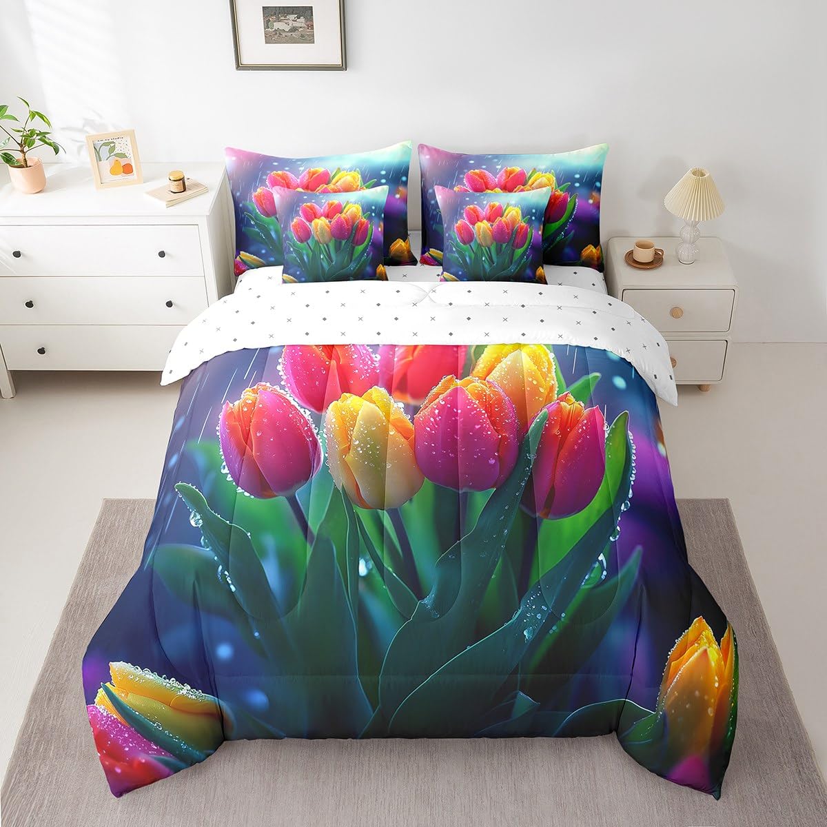 Erosebridal Tulips Bedding Set Spring Summer Flowers Twin Comforter Set 7 Piece for Kids Girls Teen Women,Rainy Floral Pink Yellow Tulips Bed in A Bag Pastel Plants Sheet Set with Comforter