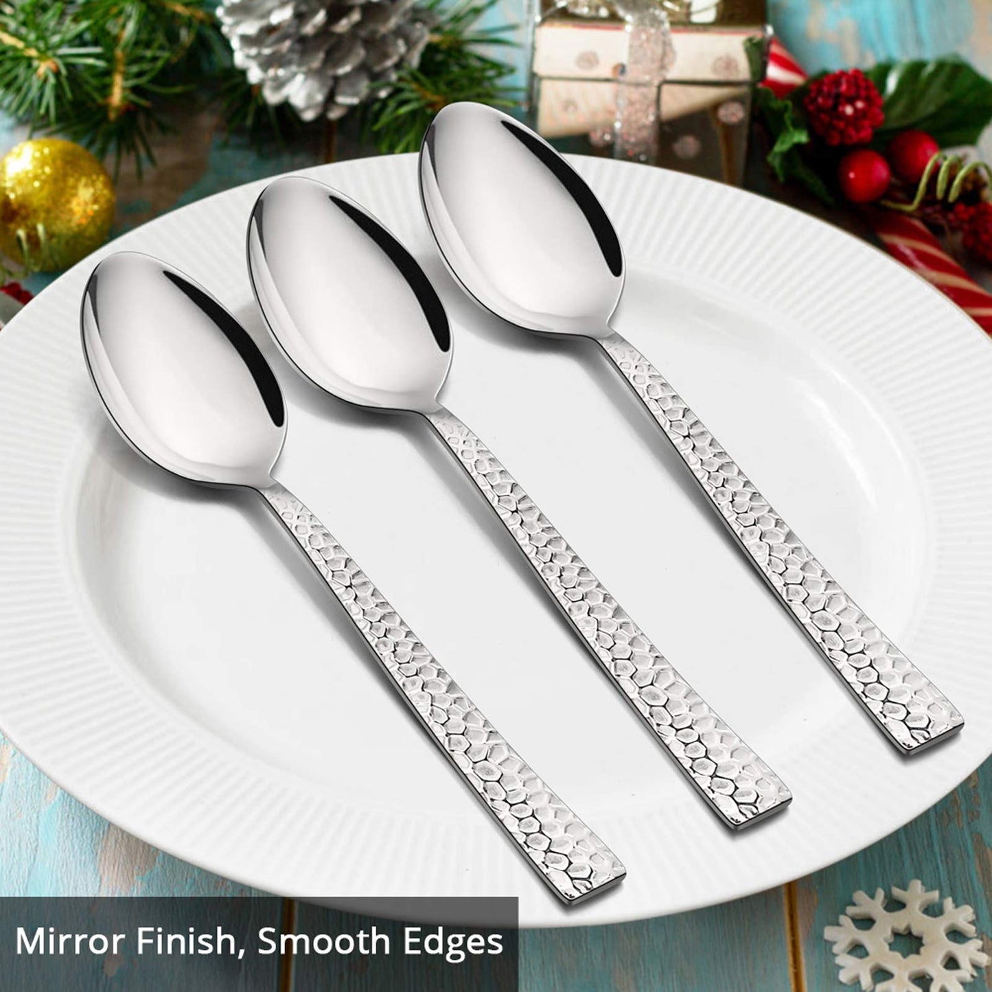 E-far Hammered Dinner Spoons Set of 12, 7.9 Inch Stainless Steel Soup Spoons Tablespoons for Home, Kitchen or Restaurant, Non-toxic & Mirror Polished, Squared Edge & Dishwasher Safe