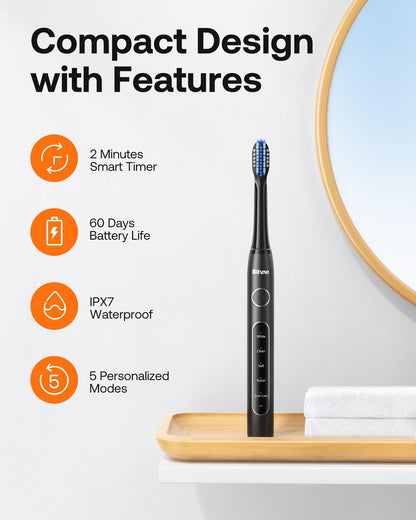 Bitvae D2 Ultrasonic Electric Toothbrush for Adults and Kids, Electric Toothbrush with Rechargeable Power, 8 Toothbrush Heads and 5 Modes, Black