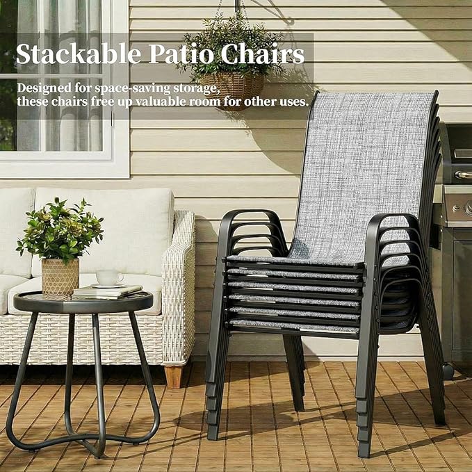 MAMIZO Patio Dining Chairs, Stackable All Weather Teslin Chair, Heavy Duty Outdoor Breathable Chairs Set, w/Armrests, Upgraded Chair FeetW/Strenthened Iron Spacers, 330 LBS (6, Grey)