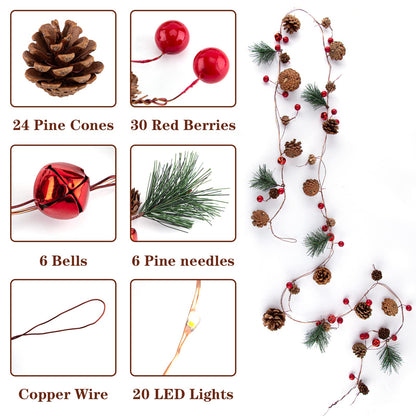 2 Pack Christmas Garland, 6.56 Ft LED String Light with Pine Cones, Red Berries, Bells for Xmas Decor Mantle Fireplace Christmas Holiday Party Thanksgiving Decoration, 20 LED Lights, Battery Operated