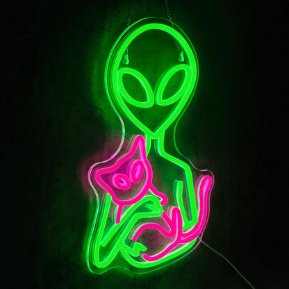 Alien Neon Sign for Wall Decor Dimmable Aliens Cat Led Lights Signs for Bedroom Green Neon Light for Game Room Man Cave Bedroom Party Decoration Gift for Kids Boys