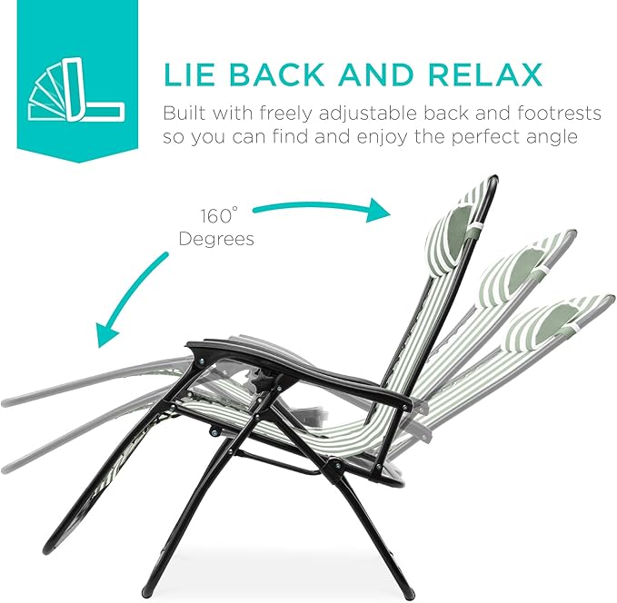 Best Choice Products Set of 2 Adjustable Steel Mesh Zero Gravity Lounge Chair Recliners w/Pillows and Cup Holder Trays - Sage Green Striped