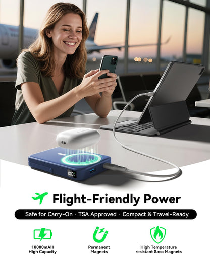 for Magsafe Battery Pack 10000mAh Power Bank with Foldable Stand Portable Charger,PD 22.5W Fast Charge,Travel Essential Wireless Charger for iPhone 17/16/15/14/13/12 Series–Black