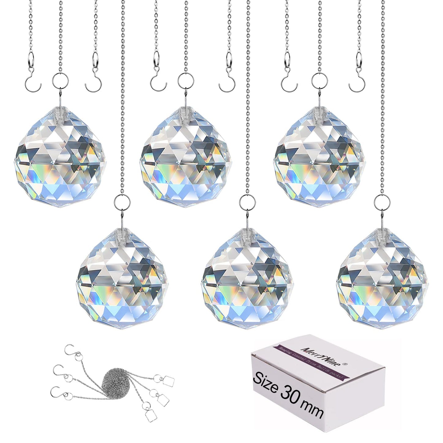 MerryNine 6 Pcs 30mm Clear Crystal Ball Prism Sun Shine Catcher Rainbow Pendants Maker, Hanging Crystals Prisms for Windows, for Feng Shui, for Gift (1.18"/30mm 6Pack)