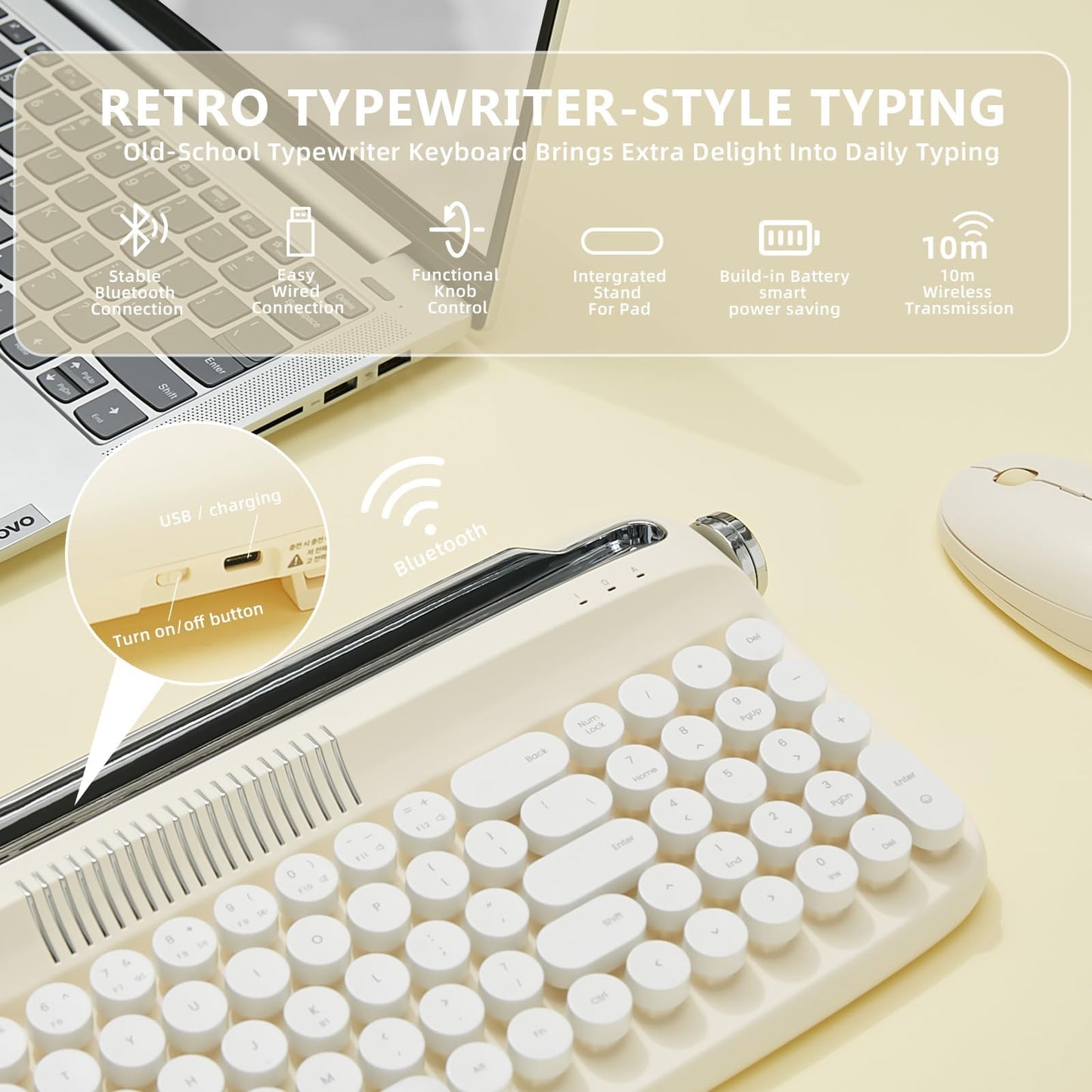 YUNZII Upgraded Wireless Typewriter Keyboard,with Retro Integrated Stand,USB-C/Bluetooth,Cute Round Keycaps, USB-C/Bluetooth Connection for Table, Phone, PC and Win/Mac/Android (B309, Baby Pink)