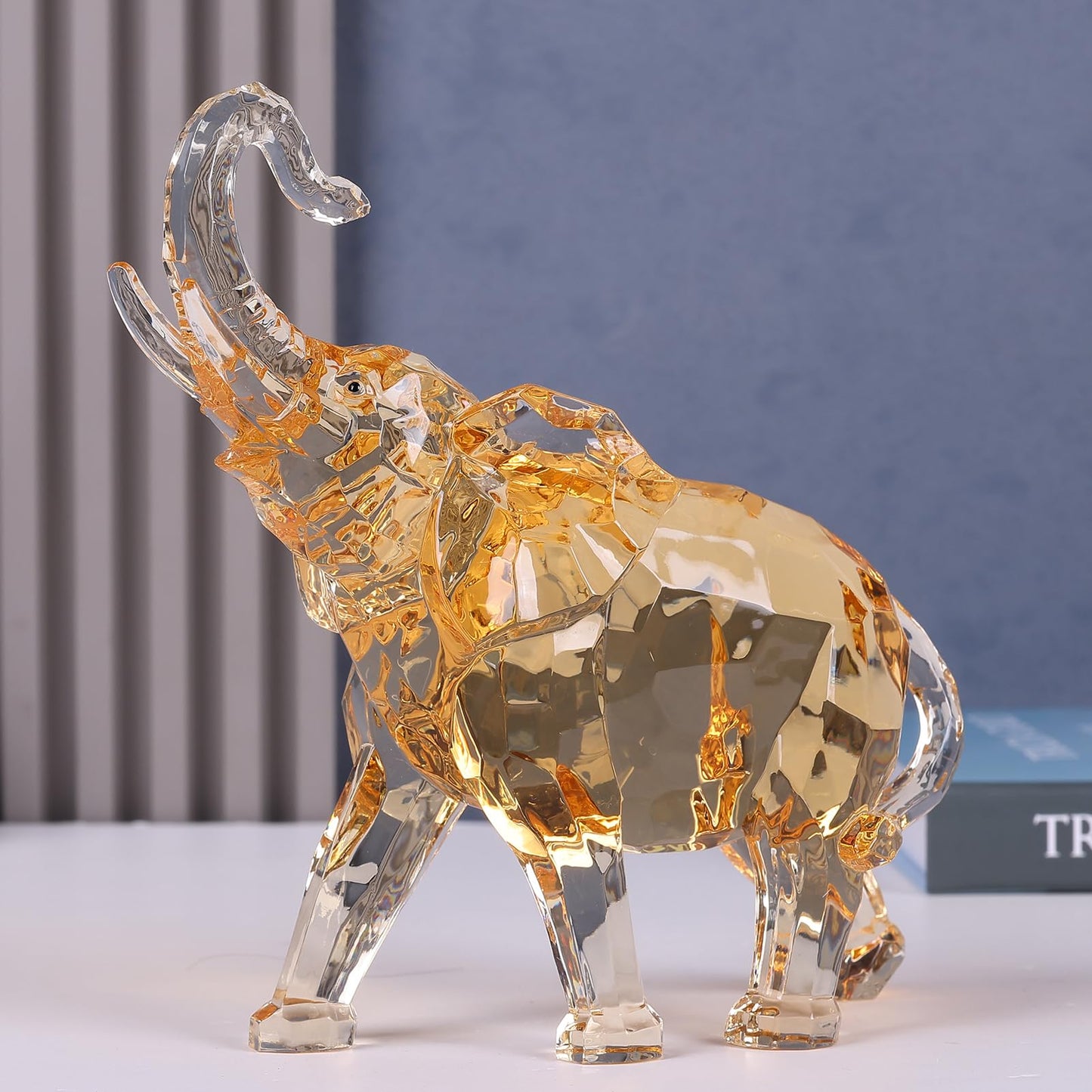 Acrylic Clear Elephant Figurines Crystal Glass Finish, High End African Statues for Home Decor, Elephants with Trunk up, Large Elephants Statue Sculpture,Office Feng Shui Lucky Elephant Gifts