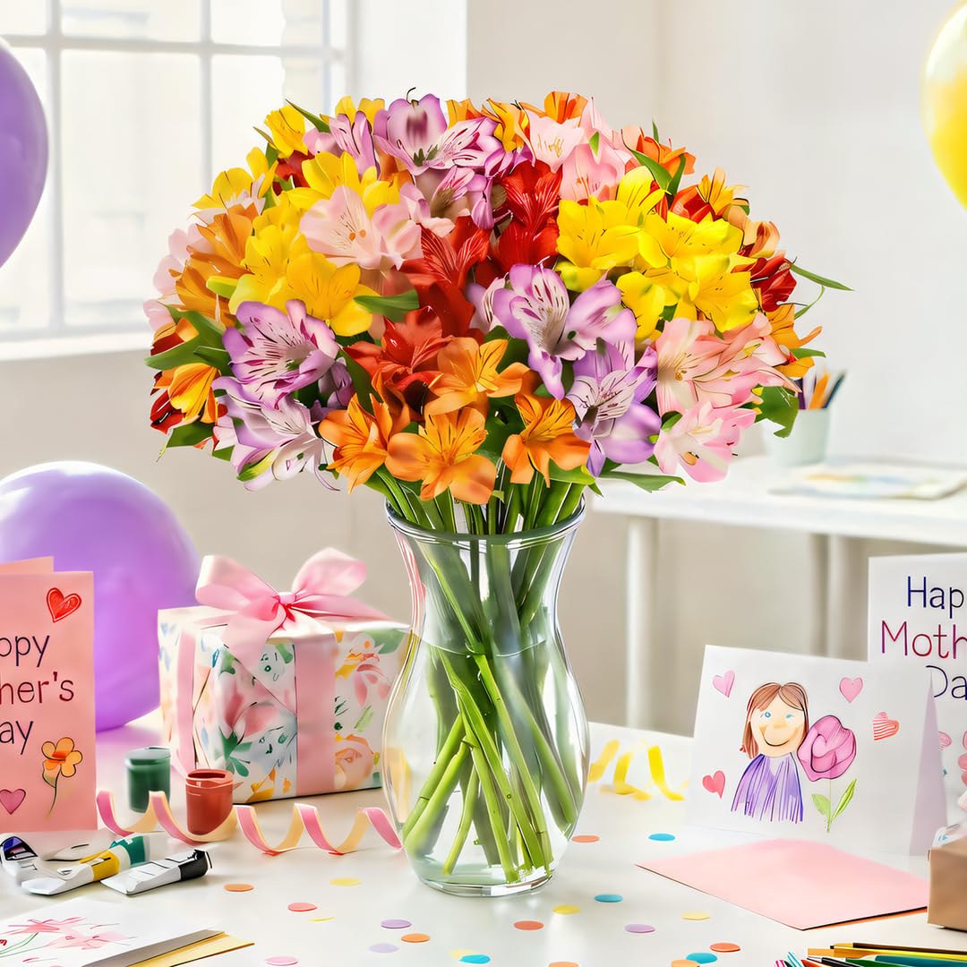 Benchmark Bouquets - Alstroemeria Fresh Flower Bouquet - Mothers Day Flowers for Delivery - Assorted Peruvian Lilies in a Vase - Birthday Flowers for Women - Glass Vase Included (20 Stems)