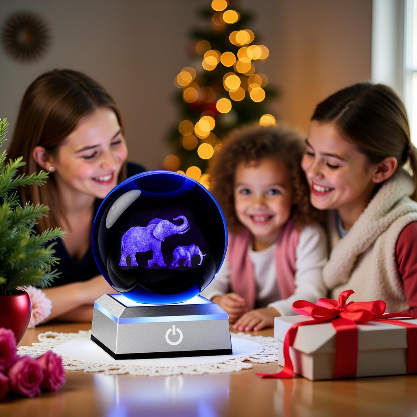 3D Elephant Crystal Ball Figurines Gifts with LED Base - Elephant Gifts for Women Mom on Christmas Birthday Mother Day Glass Elephant Statues Gift for Elephant Lovers Elephants Desk Decor Night Light