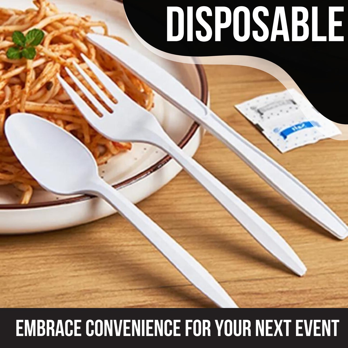 Global Basics Disposable Plastic Cutlery Packs | 125 Individually Wrapped Black Plastic Cutlery Sets | Includes Knife, Fork, Spoon, Napkin and Salt & Pepper Packets | 125 Total (125, Black Plastic)