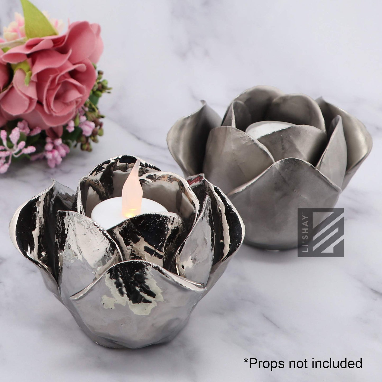 Silver Metal Tealight Votive Flower Candle Holder - Shiny
