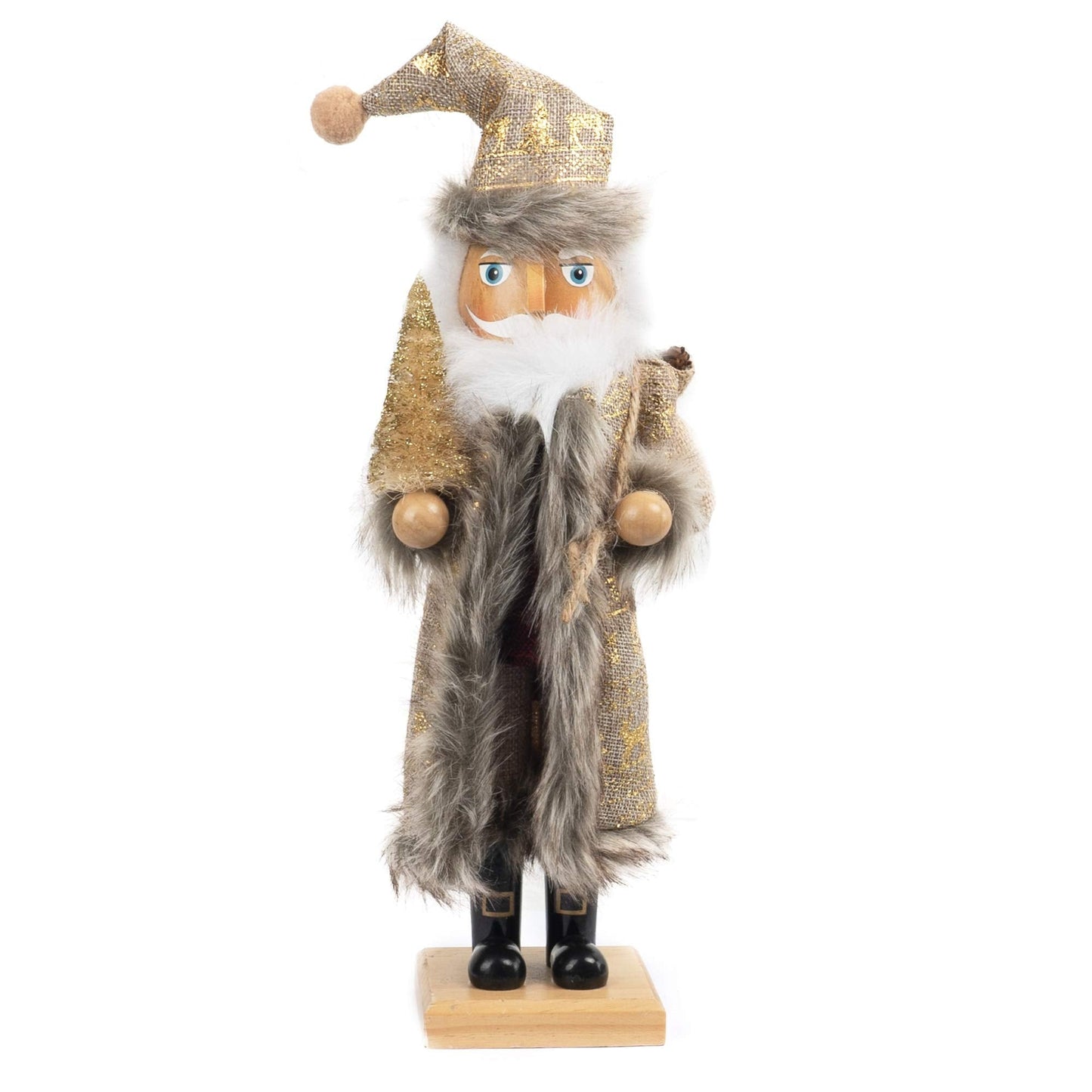 FUNPENY 14" Christmas Decorative Nutcracker, Handmade Wooden Santa Traditional Nutcracker in Flannel Ful Golden Coat, Festive Collectible Nutcracker, Winter Tabletop Christmas Decoration