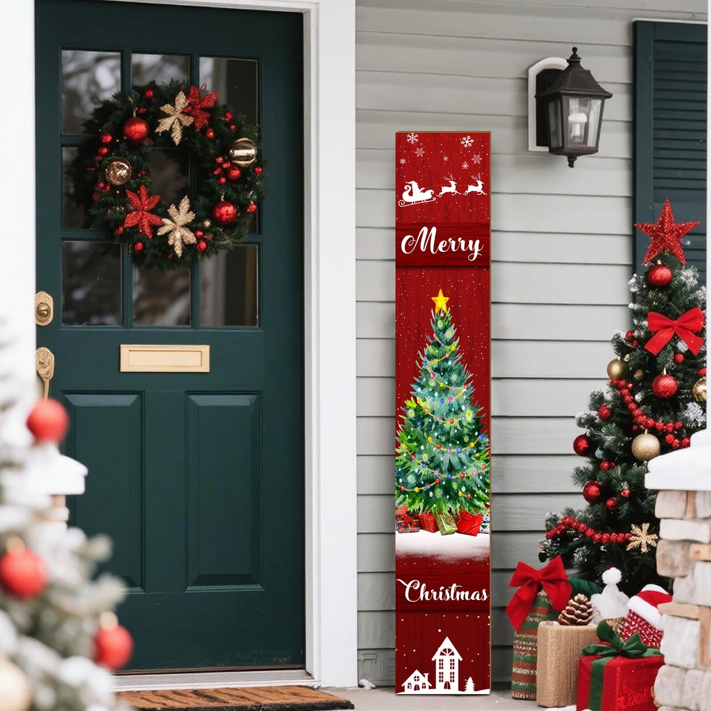 Merry Christmas Sign for Front Porch Standing, Reindeer Snowflake Wooden Sign, Xmas Welcome Porch Sign for Outdoor Yard Wall Decorations 47.2" H (Merry Christmas)