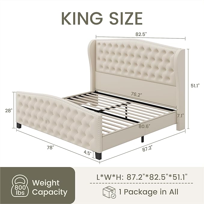 LARMACE King Size Bed Frame Velvet Upholstered Platform Bed