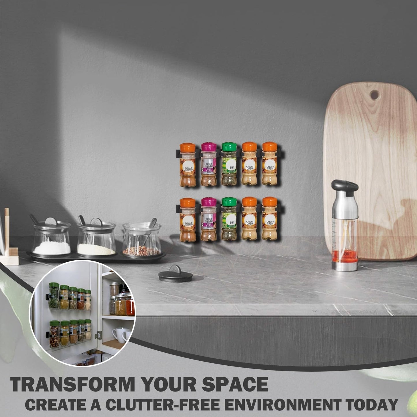 Adhesive Spice Clips 3-Pack, Heavy-Duty Spice Organizer for Cabinet Doors, Pantry & RV, Space-Saving Kitchen Storage with Tape, Holds 15 Jars (Black)