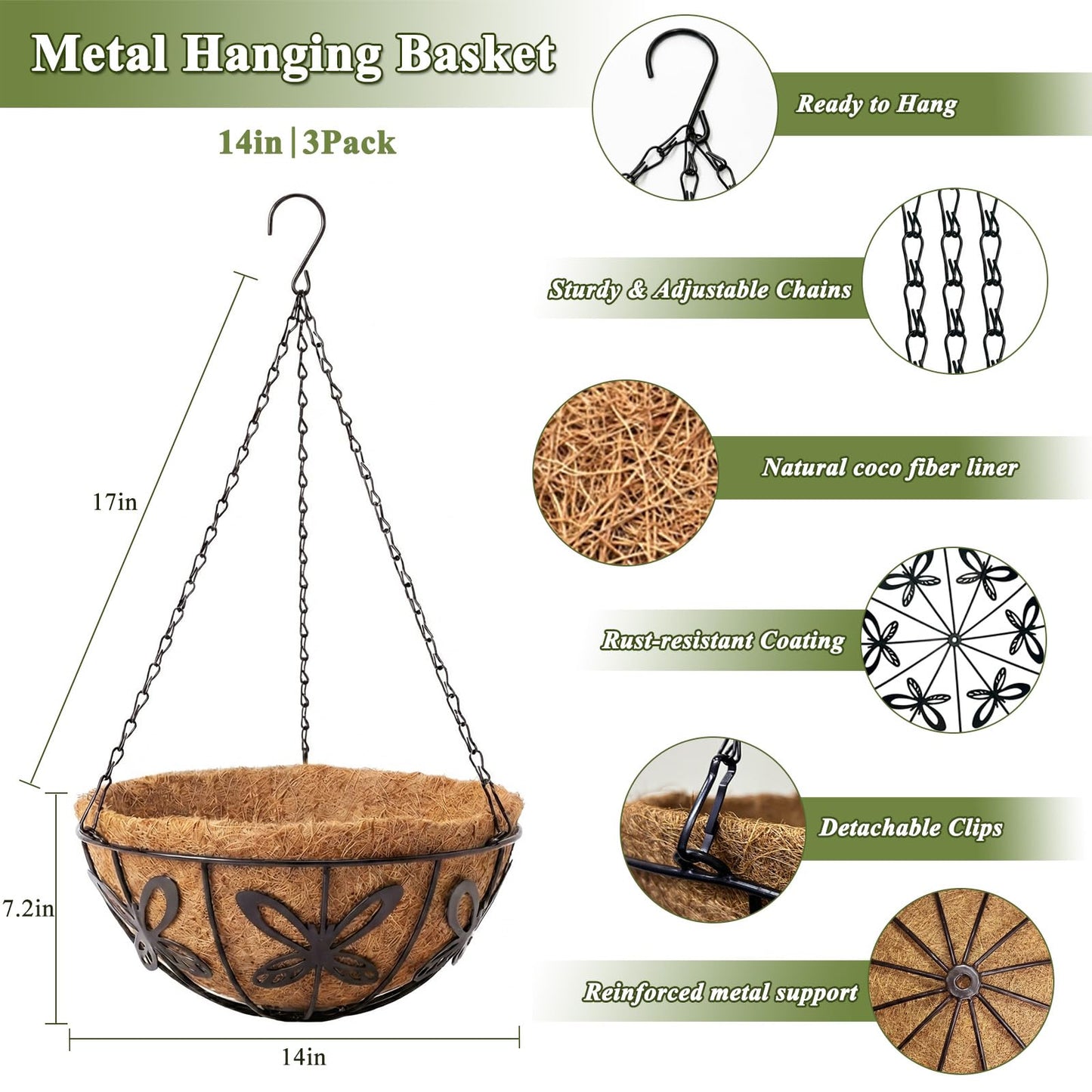 HZXXJCO 3 Pack Hanging Baskets for Plants Outdoor 14 Inch Butterfly Metal Hanging Planters with Coco Coir Liner, Round Hanging Flower Basket for Home Garden Patio Balcony Porch