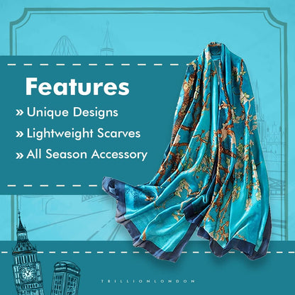 Trillion London® Spring Collection | Blue Floral Silk Neck Scarf For Women | Ladies Lightweight Scarves | Shawl Wraps | Suitable for Daily Life, Gifting | Smooth Soft Finish | Size - 180cm*90cm