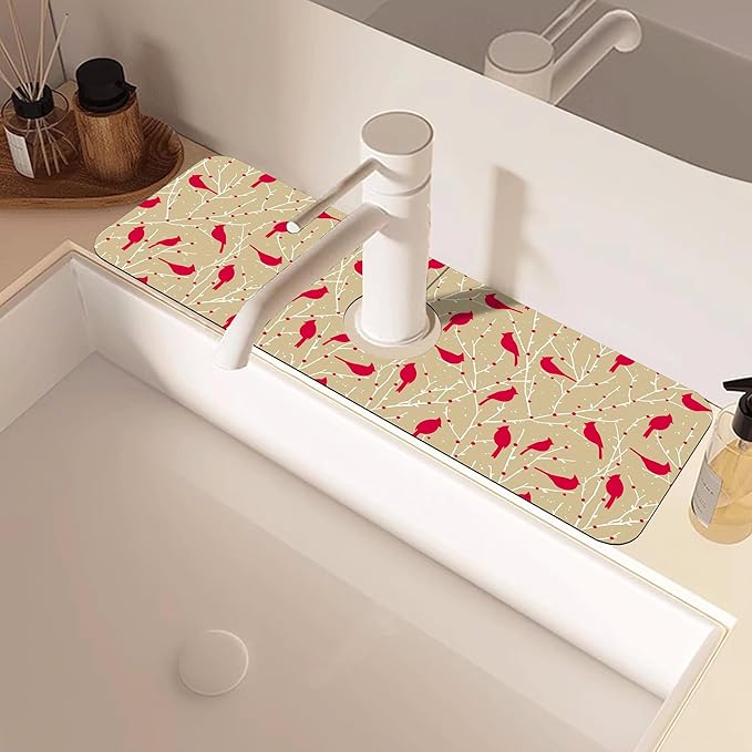 Christmas Cardinal Birds Kitchen Sink Splash Guard Mat Absorbent Fast Drying