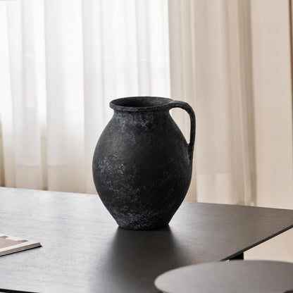LB2 Black Ceramic Large Vase, 11.2" Tall Zen Style Vase, Terra Cotta Pitcher, Distressed Farmhouse Decor, Pottery Decorative Flower for Home Decor (D - Black 11.2")