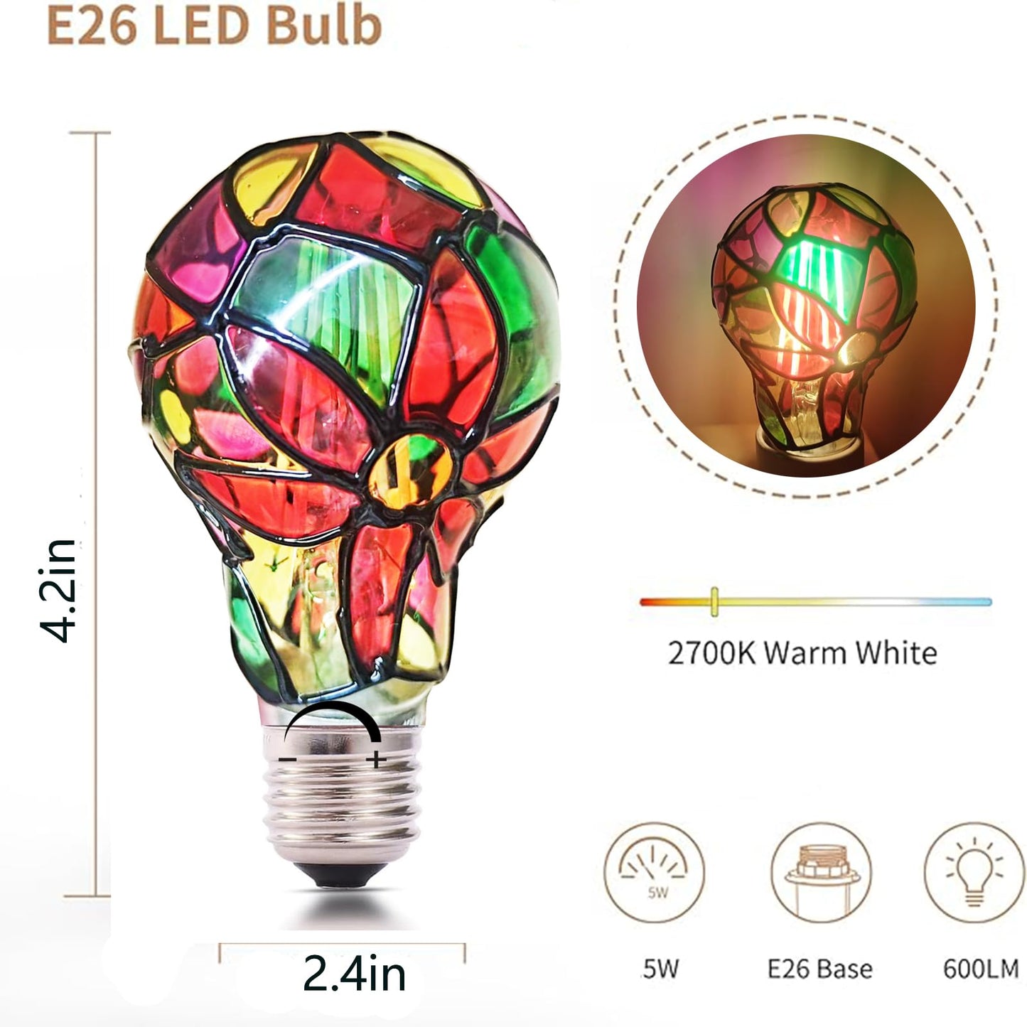 POXIN Dimmable Stained Glass LED Light Bulb,E26 Base Warm Light 2700K 5 Watts A19/A60 LED Light Bulbs,Sunflower Tiffany Lamp for Bedside Living Room Dormitory Dining Room Decorate Gift 2Pack