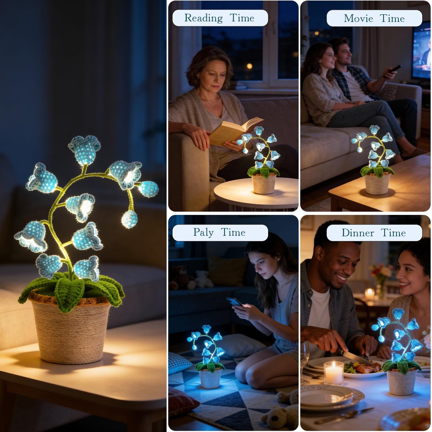 AVEKI Lily of Valley Lamp, Handmade Crochet Artificial Flower Lamp with Warm Light, Cute Desk Lamp for Bedroom, Battery Power Decor LED Night Light, Gift for Mom Daughter Girlfriend (Warm) (Blue)