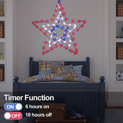 4th of July Patriotic Decorations, Red White and Blue Memorial Day Decor Star Lights, Timer 14.2In Iron Frame 70Led Fairy Star Lights, 8 Mode with Remote Window Wall Silhouette for Home