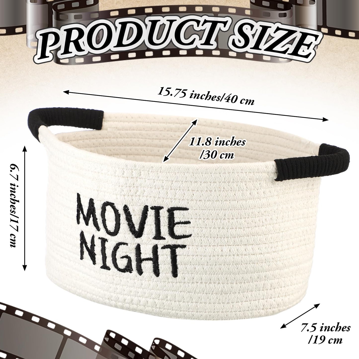 Yungyan Movie Night Supplies Snack Trays Basket with Handle Reusable Cotton Rope Bucket Storage Gifts for Theater Popcorn Family Room Decor(11.81 x 7.48 x 6.69 Inches,Movie Night,White)