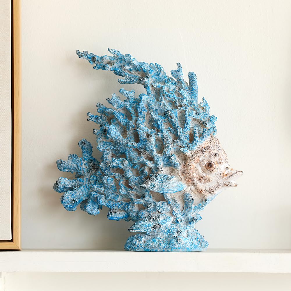 SUYNYBHF Coral Fish Figurines Beach Coastal Coral Reef Decor 9.6-inch Resin Statue Angel Fish Home Office Desktop Sculpture Bathroom Decoration Mom Gift Ornament Gift(Blue) (Blue Coral Fish)