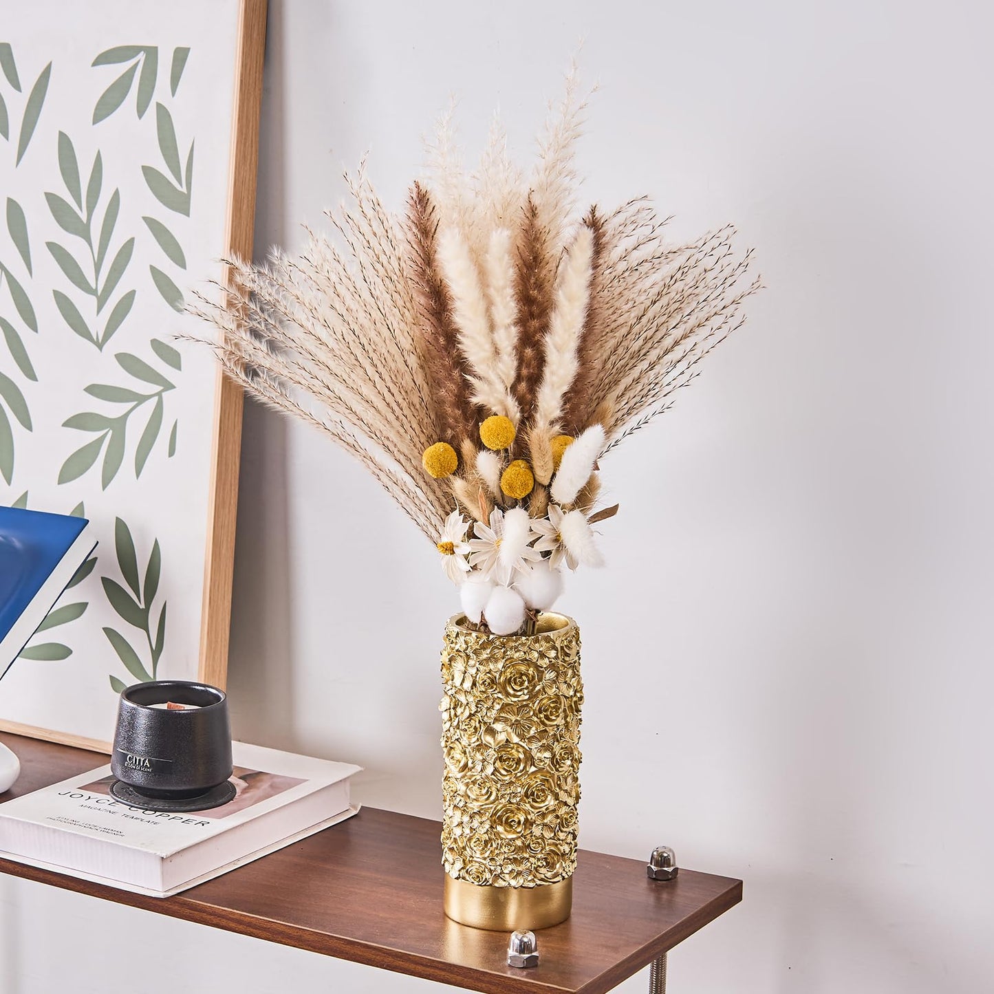 Gold Rose Hand-Carved Resin Vase – 8 Inch Decorative Cylinder Vase for Pampas Grass, Centerpiece, Home Decor | Elegant Entryway, Countertop & Nightstand Accent | Unique Housewarming Gift