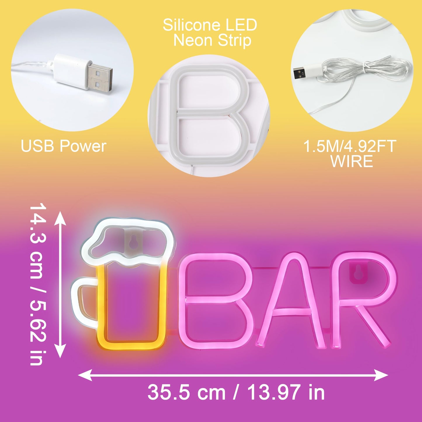 Attivolife Bar Neon Sign, Bright LED Lights with USB Powered, Light up Wall Decor for Bedroom, Man Cave, Unique Business Lamp for Club, Store, Party, Bistro, Birthday Christmas Gifts (13.97 * 5.62in)