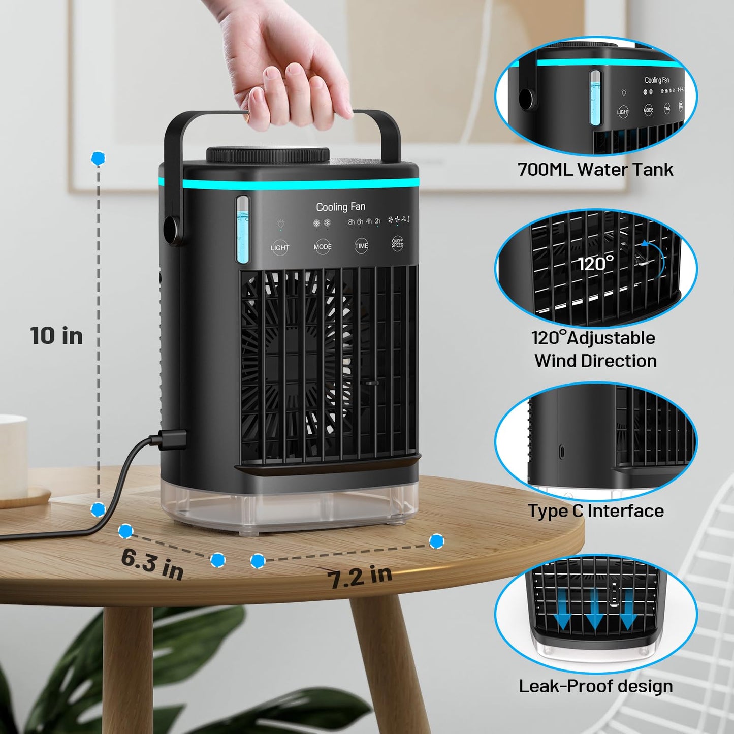 Portable Air Conditioners, Small Air Conditioner Portable, Personal Air Conditioner for Bedroom, Mini Evaporative Air Cooler 4 Speeds Misting Fan with 2-8H Timer for Room Office Desk, Black