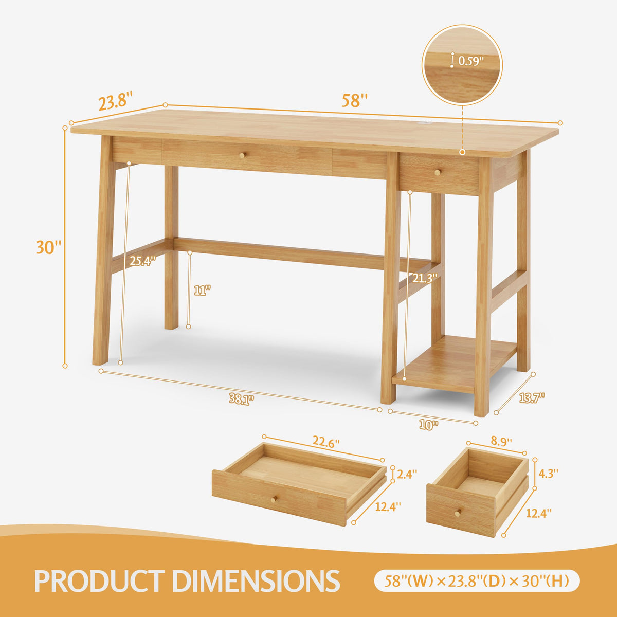 NELYE Solid Wood Desk with Drawer - 58 Inch Modern Writing and Computing Workstation for Home Office in Oak