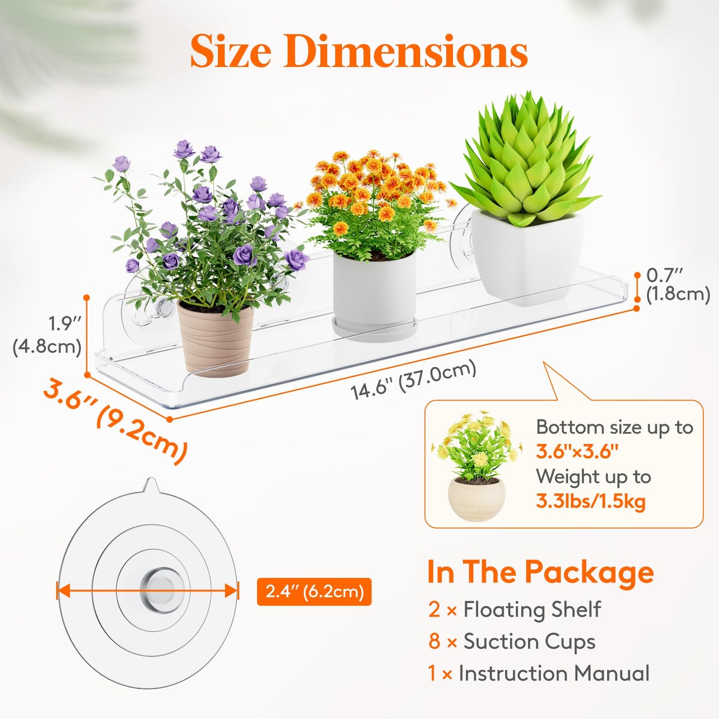 Lifewit Window Plant Floating Shelves 14.6x3.6, 2 Pack Acrylic Suction Cup Shelf, Window Sill Extender for Indoor Succulent Plants, Micro Greens, Seed Starter Pots, Herb Planters 37 x 9 cm/14.6x3.6