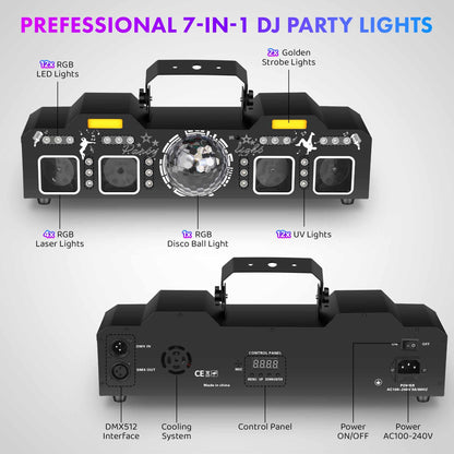 ENDYSHOW DJ Light with Stand,7IN1 DJ Disco Party Light with Stand&Carry Bag RGB Par Lights,Rotating Ball,Strobe,UV Lighting by DMX Sound Activated Remote Control for Parties Gig Bar Stage