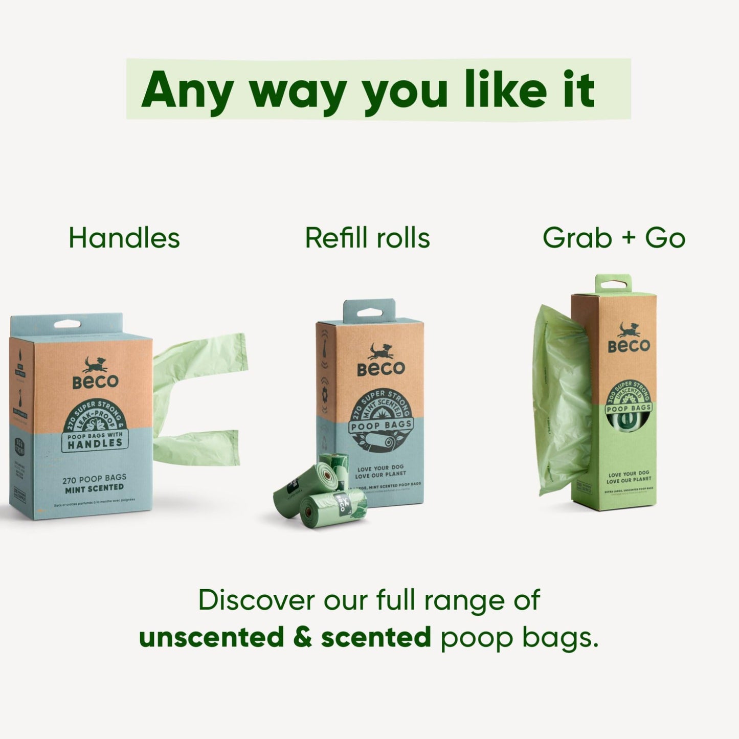 Beco Dog Poop Bags Rolls - Strong & Large - 120 Bags (8 Rolls of 15) Mint Scented, Dispenser Compatible for Dog Waste