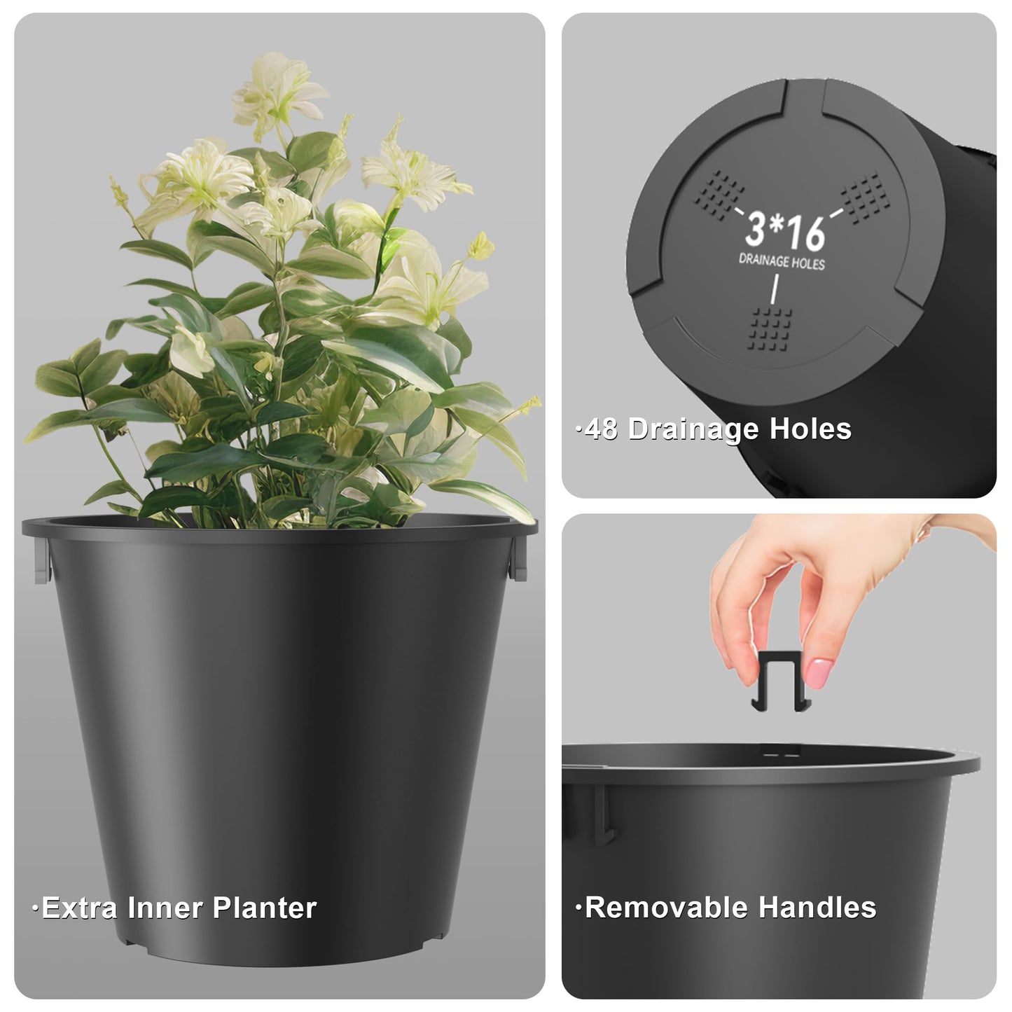 Kante 2 Pack 13 Inch Tall Planters, Modern Minimalist Textured Black Plastic Planter Pots with Drainage Holes, Detachable Inner Pot & Handle, Lightweight Outdoor Indoor Planters for Patio Garden