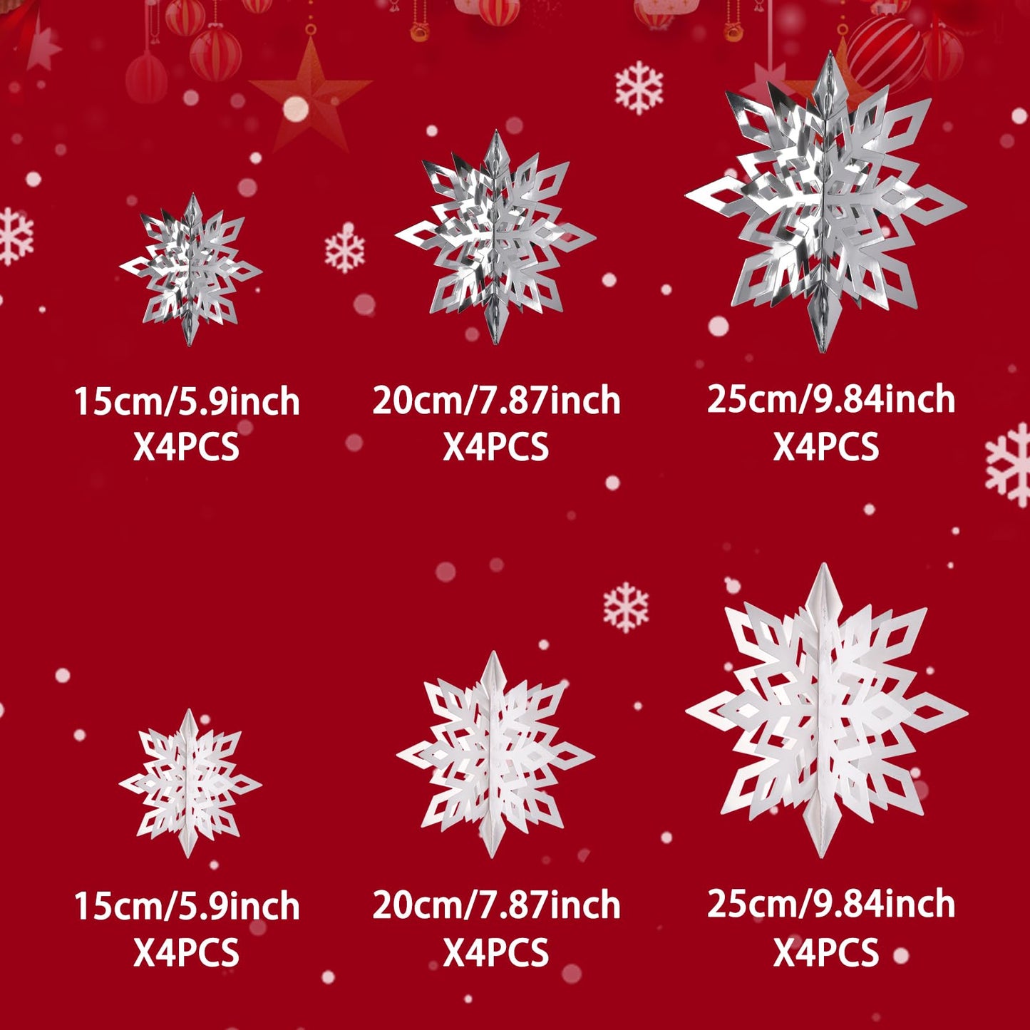 24pcs 3D Snowflake Ornaments - 3 Sizes, Frozen Christmas & Baby Shower Decorations, White & Silvery