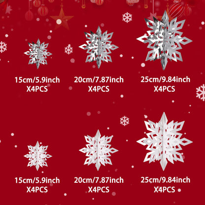 24pcs 3D Snowflake Ornaments - 3 Sizes, Frozen Christmas & Baby Shower Decorations, White & Silvery