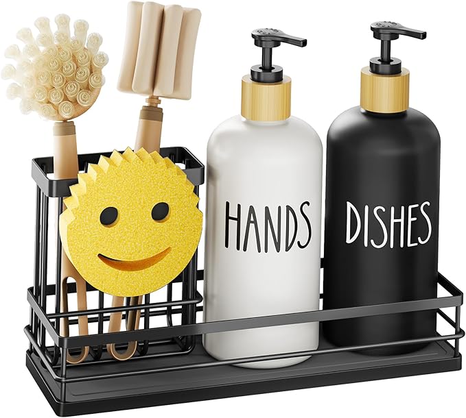 Moforoco Kitchen Dish Soap Dispenser Set, 16OZ Glass Bottle, Hand and Dish Soap