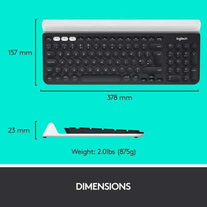 Logitech K780 Multi-Device Wireless Keyboard for Windows, Apple android or Chrome, Wireless 2.4GHz and Bluetooth, Quiet, PC/Mac/Laptop/Smartphone/Tablet, QWERTY UK Layout - Dark Grey/White