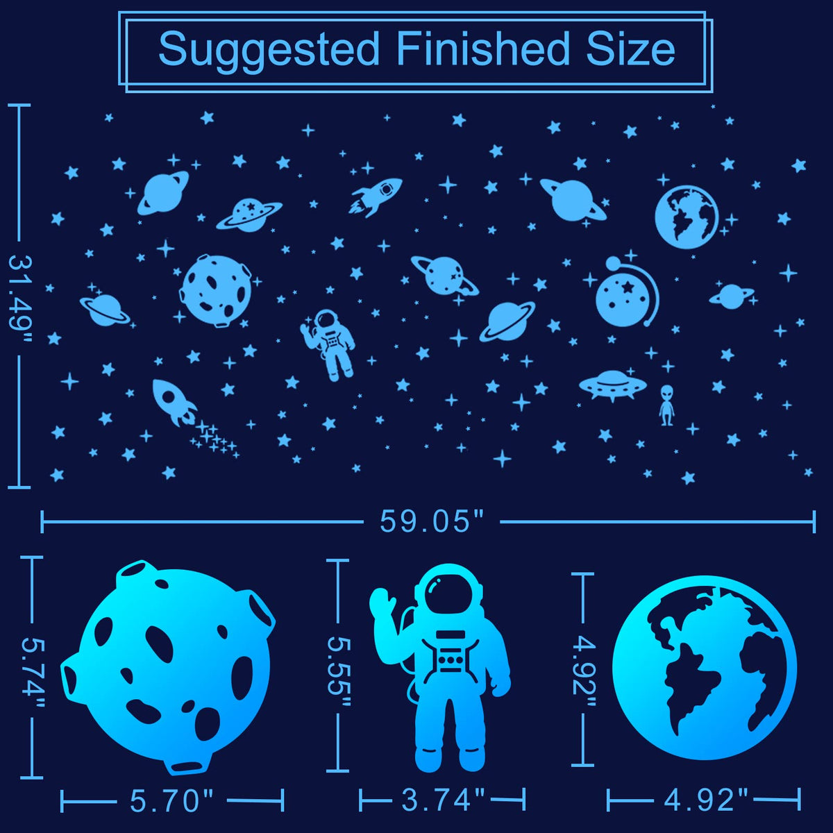 Glow in The Dark Stars for Ceiling, Solar System Wall Stickers for Kids, Planet Wall Decals, Glowing Stars, Space Decor for Boys Room, Galaxy Astronaut Rocket Spacecraft Alien Decoration (Blue)
