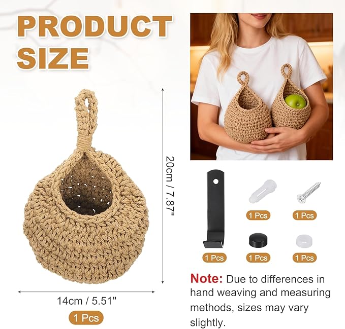 uxcell Hanging Fruit Baskets for Kitchen, Hand-Woven Wall Hanging Storage Jute